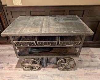 $600 - INDUSTRIAL CAST IRON FLOWER CART CONSOLE TABLE WITH BASKETS - 48"L, 30"W, 36"H
