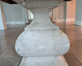 SQUARE WOOD TOP TABLE WITH CARVED STONE PEDESTAL BASE - 36" SQUARE, 30" H