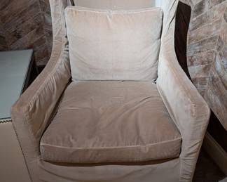 PAIR OF UPHOLSTERED TAUPE VELVET ARMCHAIRS WITH PILLOW