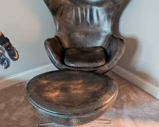 MASCULINE LEATHER EGG CHAIR AND OTTOMAN - 44" H, 33.5" W, 19" SEAT HEIGHT, OTTOMAN 27.5" L, 21" W, 18" H