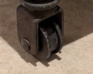 DETAIL: RECLAIMED WOOD AND METAL CASTER COFFEE TABLE  - 67"L, 43.5"W, 18"H
