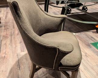 SET OF 6 UPHOLSTERED ARMCHAIRS WITH NAILHEAD TRIM ON CASTERS USED WITH ROUND GAME TABLE  - 32"W, 21" DEPTH, 35"H, 16.5" SEAT HEIGHT 