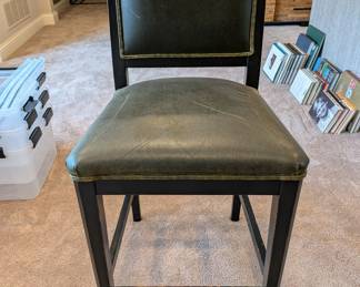 SET OF 3 WELL LOVED BLACK WOOD COUNTER HEIGHT STOOLS WITH GREEN LEATHER - 41"H, 19" W, 18" DEPTH, 25" SEAT HEIGHT