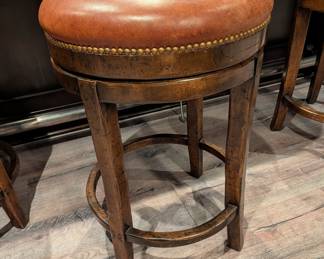 SET OF 4 LEATHER AND WOOD SWIVEL BAR STOOLS WITH NAILHEAD TRIM - 28" H, 19" ROUND