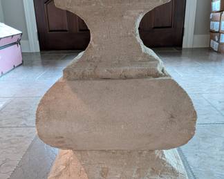 SQUARE WOOD TOP TABLE WITH CARVED STONE PEDESTAL BASE - 36" SQUARE, 30" H