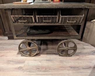 INDUSTRIAL CAST IRON FLOWER CART CONSOLE TABLE WITH BASKETS - 48"L, 30"W, 36"H