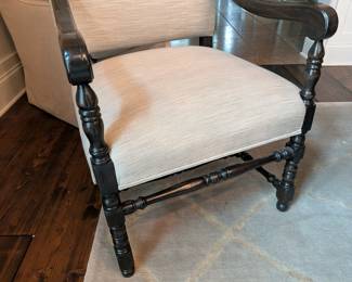 PAIR OF BENCHMARK FURNITURE CARVED WOOD UPHOLSTERED ARMCHAIRS - 2 OF THESE, 8 ADDITIONAL MATCHING CHAIRS FOR DINING SET - 47"H, 24"W