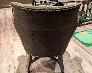 SET OF 6 UPHOLSTERED ARMCHAIRS WITH NAILHEAD TRIM ON CASTERS USED WITH ROUND GAME TABLE  - 32"W, 21" DEPTH, 35"H, 16.5" SEAT HEIGHT 