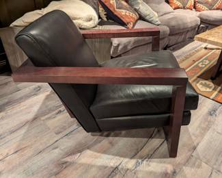 BLACK LEATHER AND DARK WOOD ACCENT ARMCHAIR - 29" H, 31" W, 37" DEPTH (THIS IS WOOD FRAME DIMENSIONS)