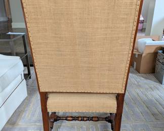 PAIR OF FRENCH COUNTRY HIGH BACK BURLAP ARMCHAIRS - 46"H, 21.5"W, 24" DEPTH, 17" SEAT HEIGHT