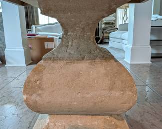 SQUARE WOOD TOP TABLE WITH CARVED STONE PEDESTAL BASE - 36" SQUARE, 30" H