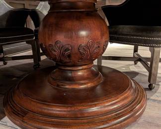 DETAIL OF BASE: ROUND CARVED WOOD PEDESTAL GAME STYLE DINING TABLE - 72" ROUND, 31"H