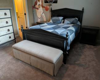 BLACK WOODEN QUEEN BED FRAME WITH HEADBOARD AND FOOTBOARD BOX SPRING, MATTRESS AND BEDDING INCLUDED - 87" L, 66" W, 60" HEADBOARD HEIGHT, 37" FOOTBOARD HEIGHT