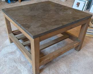 PAIR OF SQUARE RUSTIC WOOD COFFEE TABLES WITH STONE TOP - 26.5" SQUARE, 18" H