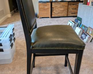 SET OF 3 WELL LOVED BLACK WOOD COUNTER HEIGHT STOOLS WITH GREEN LEATHER  - 41"H, 19" W, 18" DEPTH, 25" SEAT HEIGHT