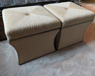 PAIR OF UPHOLSTERED TUFTED STORAGE OTTOMANS WITH NAILHEAD TRIM - 21" SQUARE, 20" H