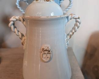 GLOBAL VIEWS MADE IN ITALY BLUE CERAMIC JAR WITH LID, MORE TURQUOISE IN COLOR