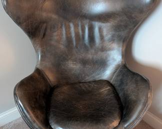 MASCULINE LEATHER EGG CHAIR AND OTTOMAN - 44" H, 33.5" W, 19" SEAT HEIGHT, OTTOMAN 27.5" L, 21" W, 18" H