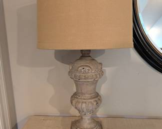 PAIR OF DISTRESSED URN TABLE LAMPS WITH BURLAP SHADE - 30" H, 16" DIAMETER LAMP SHADE