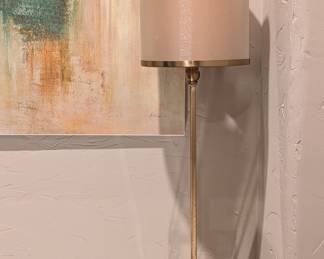 PAIR OF BRASS AND ACRYLIC TALL COLUMN TABLE LAMPS - 33" H, 9" DIAMETER LAMP SHADE