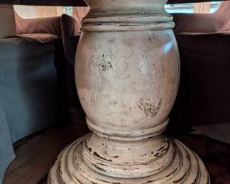 DETAIL OF BASE: WOODLAND FURNITURE ROUND DISTRESSED WHITE PEDESTAL KITCHEN DINING TABLE - 60" ROUND