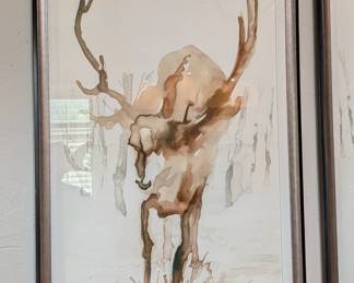 PAIR OF LARGE FRAMED STAG WATERCOLOR ARTWORK  - 52.25" H, 32" W