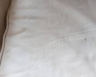 DETAIL: A FEW BLEMISHES OF WHITE SLIPCOVERED OVERSIZED ARMCHAIRS  - 46"W, 41" DEPTH, 30"H, 18" SEAT HEIGHT