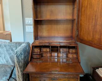 GEORGE III STYLE WALNUT MIRRORED SECRETARY DESK -  76" H, 29" W, 22" DEPTH, OPEN WITH DROP DOWN DESK IS 32"