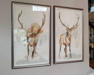 PAIR OF LARGE FRAMED STAG WATERCOLOR ARTWORK - 52.25" H, 32" W