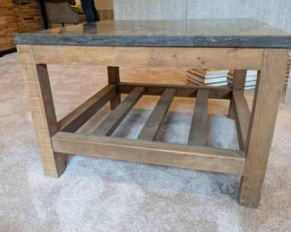 PAIR OF SQUARE RUSTIC WOOD COFFEE TABLES WITH STONE TOP - 26.5" SQUARE, 18" H