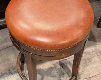 SET OF 4 LEATHER AND WOOD SWIVEL BAR STOOLS WITH NAILHEAD TRIM  - 28" H, 19" ROUND