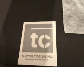 $850 - DETAIL - THAYER COGGIN DESIGNER BLACK LEATHER AND DARK WOOD ACCENT ARMCHAIR