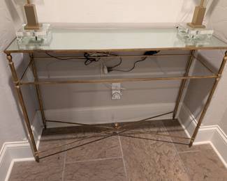 GOLD METAL AND GLASS TWO-TIER CONSOLE TABLE - 33"H, 45.5"W, 14" DEPTH