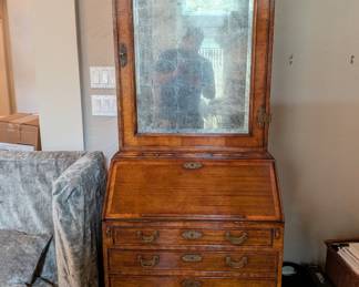GEORGE III STYLE WALNUT MIRRORED SECRETARY DESK - 76" H, 29" W, 22" DEPTH, OPEN WITH DROP DOWN DESK IS 32"