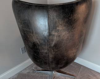 MASCULINE LEATHER EGG CHAIR AND OTTOMAN - 44" H, 33.5" W, 19" SEAT HEIGHT, OTTOMAN 27.5" L, 21" W, 18" H
