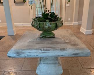 SQUARE WOOD TOP TABLE WITH CARVED STONE PEDESTAL BASE - 36" SQUARE, 30" H