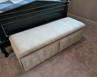 BEIGE UPHOLSTERED SKIRTED STORAGE BENCH WITH NAILHEAD TRIM - 55"W, 18" H, 19" DEPTH