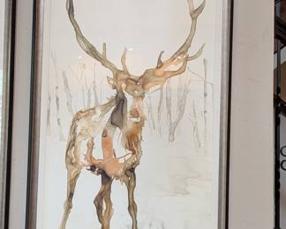 PAIR OF LARGE FRAMED STAG WATERCOLOR ARTWORK  - 52.25" H, 32" W