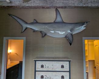 LARGE FIBERGLASS HAMMERHEAD SHARK WALL MOUNT - REAL - APPROX. 10.5-11 FT LENGTH, 5 FT WIDTH, BELLY ABOUT 12 INCHES OFF WALL, FRONT FIN IS 21 INCHES OFF WALL