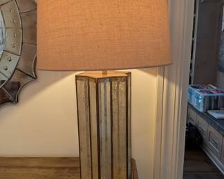 ANTIQUED MIRRORED STAR COLUMN TABLE LAMP -28" H, 18" WIDTH WITH LAMP SHADE