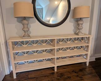 WOODEN CONSOLE TABLE WITH X BRACE SHELVING - 84.5" W, 37" H, 14.5" DEPTH