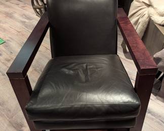 BLACK LEATHER AND DARK WOOD ACCENT ARMCHAIR- 29" H, 31" W, 37" DEPTH (THIS IS WOOD FRAME DIMENSIONS)