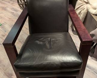 BLACK LEATHER AND DARK WOOD ACCENT ARMCHAIR - 29" H, 31" W, 37" DEPTH (THIS IS WOOD FRAME DIMENSIONS)