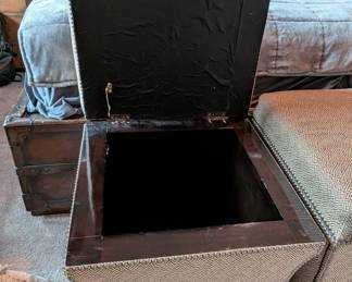 PAIR OF UPHOLSTERED TUFTED STORAGE OTTOMANS WITH NAILHEAD TRIM - ONE IN NEED OF REPAIR - 21" SQUARE, 20" H