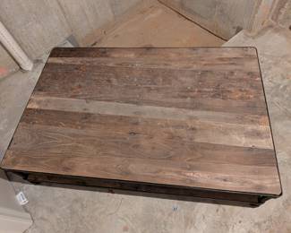 RECLAIMED WOOD AND METAL CASTER COFFEE TABLE  - 67"L, 43.5"W, 18"H