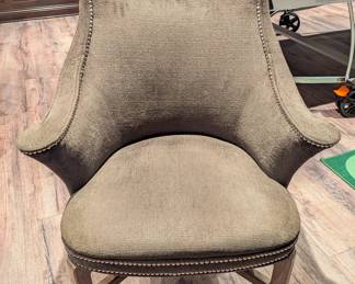 SET OF 6 UPHOLSTERED ARMCHAIRS WITH NAILHEAD TRIM ON CASTERS USED WITH ROUND GAME TABLE - 32"W, 21" DEPTH, 35"H, 16.5" SEAT HEIGHT 