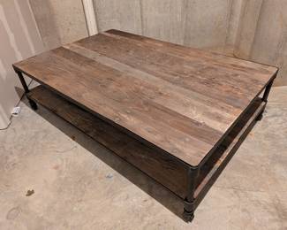RECLAIMED WOOD AND METAL CASTER COFFEE TABLE - 67"L, 43.5"W, 18"H