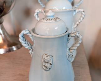 GLOBAL VIEWS MADE IN ITALY BLUE CERAMIC JAR WITH LID, MORE TURQUOISE IN COLOR