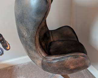 MASCULINE LEATHER EGG CHAIR AND OTTOMAN - 44" H, 33.5" W, 19" SEAT HEIGHT, OTTOMAN 27.5" L, 21" W, 18" H