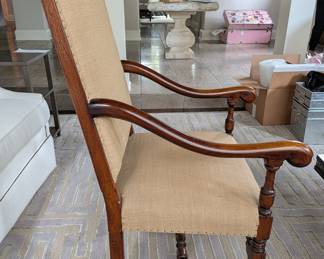 PAIR OF FRENCH COUNTRY HIGH BACK BURLAP ARMCHAIRS - 46"H, 21.5"W, 24" DEPTH, 17" SEAT HEIGHT